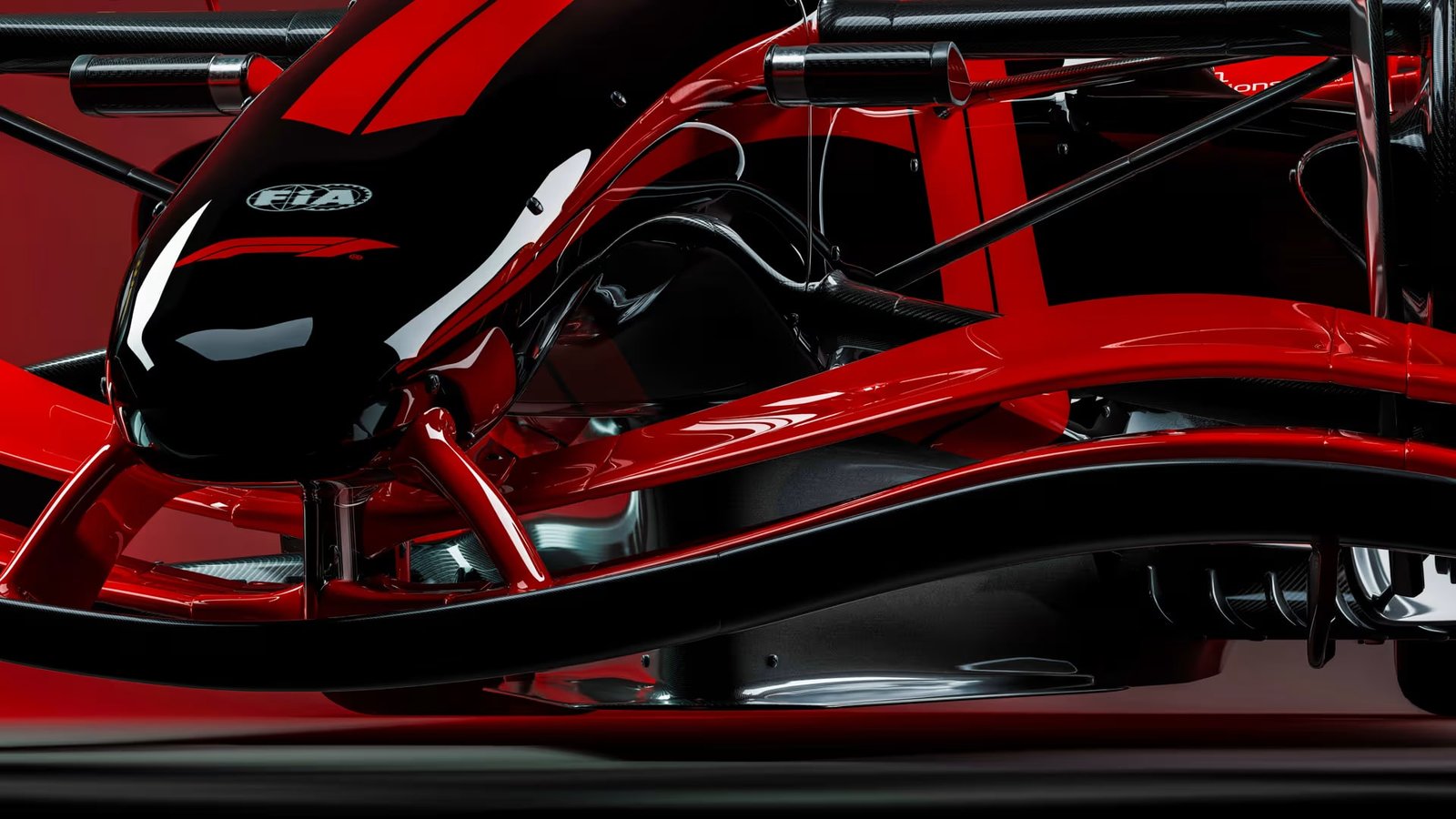 Detalhe do chassi e carenagem frontal de um F1 2026, com logotipo da FIA em destaque