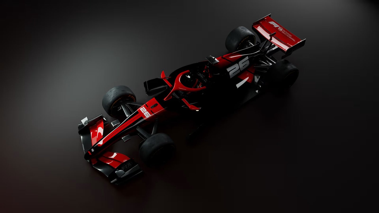 Vista de cima de um carro de Fórmula 1 2026 com pintura vermelha e preta e número 26